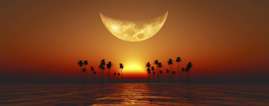 sun and moon together over ocean with silhouette of palm trees